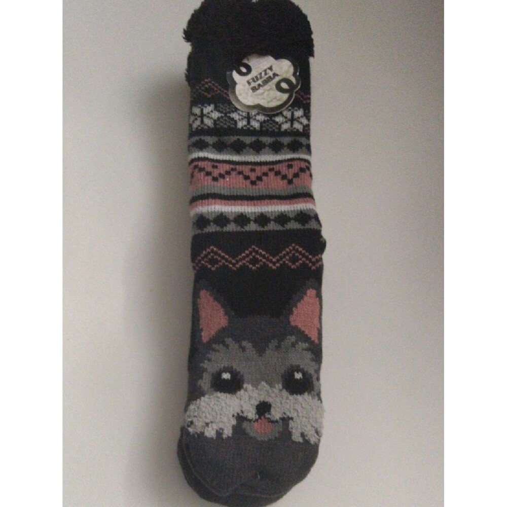 Fuzzy Babba Cozy Dog Patterned Fuzzy Lined Socks Black  New Size 9-11